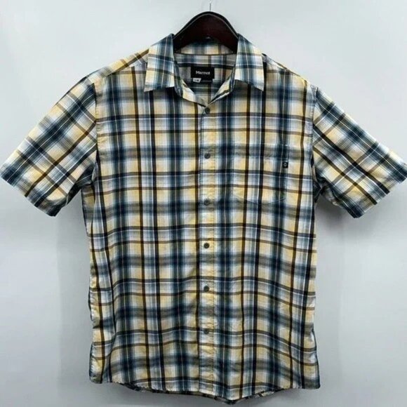 Marmot Plaid Short Sleeve Button Up Shirt Men’s L Yellow‎ Blue - Picture 5 of 10